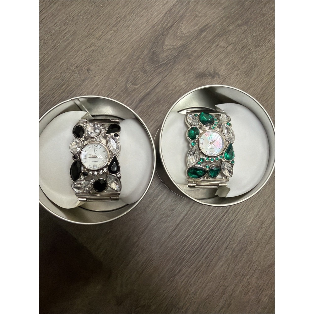 Charming Charlie Cuff Watch Lot 2 Black Green Rhinestone Statement  Watches‎
